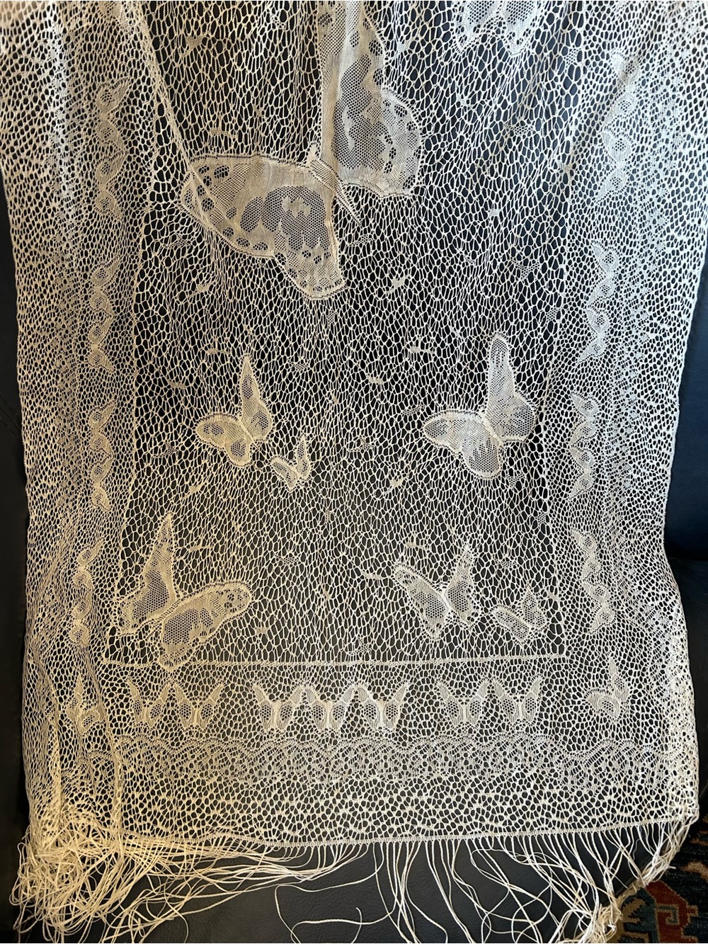 Delicate Ivory Lace Shawl with butterfly motif. 78” x 20”